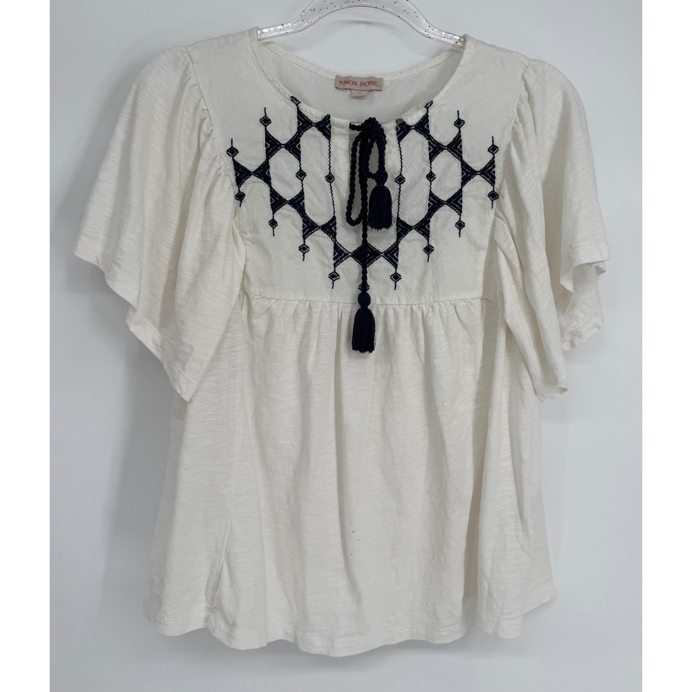Knox Rose Womens White Boho Embroidered Tassel Peasant Blouse Top Sz S